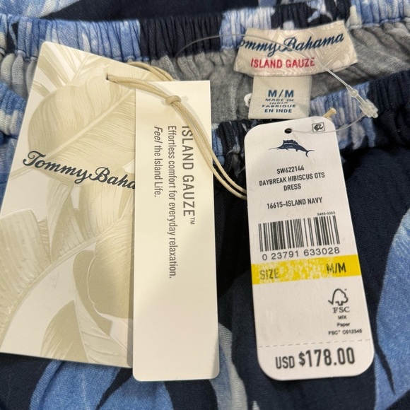 TOMMY BAHAMA DAYBREAK HIBISCUS MEDIUM OFF SHOULDER DRESS 100% COTTON NAVY $178 - Picture 14 of 14